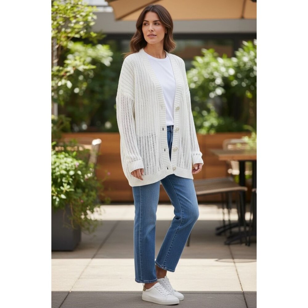 Madison Hudson Open Knit Button-Up Cardigan Sweater White Cotton Blend Womens L